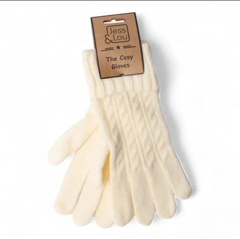 Pair of cream gloves with a 'Jess & Lou' label on a white background