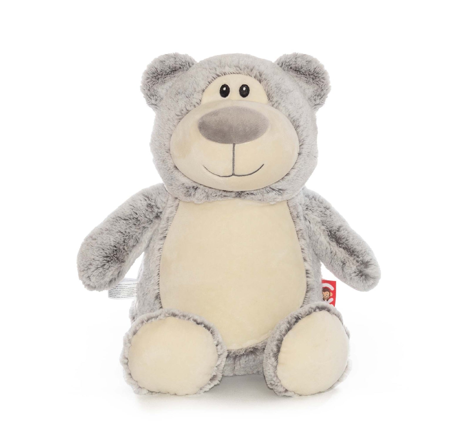 Image of a soft Grey Teddy Bear, with a cute button nose and a stitched smile.