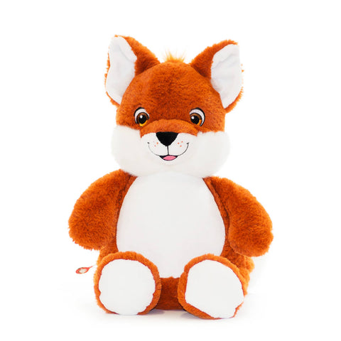 Front facing image of Fox soft toy, super soft fur in bright orange, the fox has big brown eyes and a cute smile.