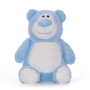 Image of a pale blue soft Teddy Bear, with a cute big nose and a stitched smile.