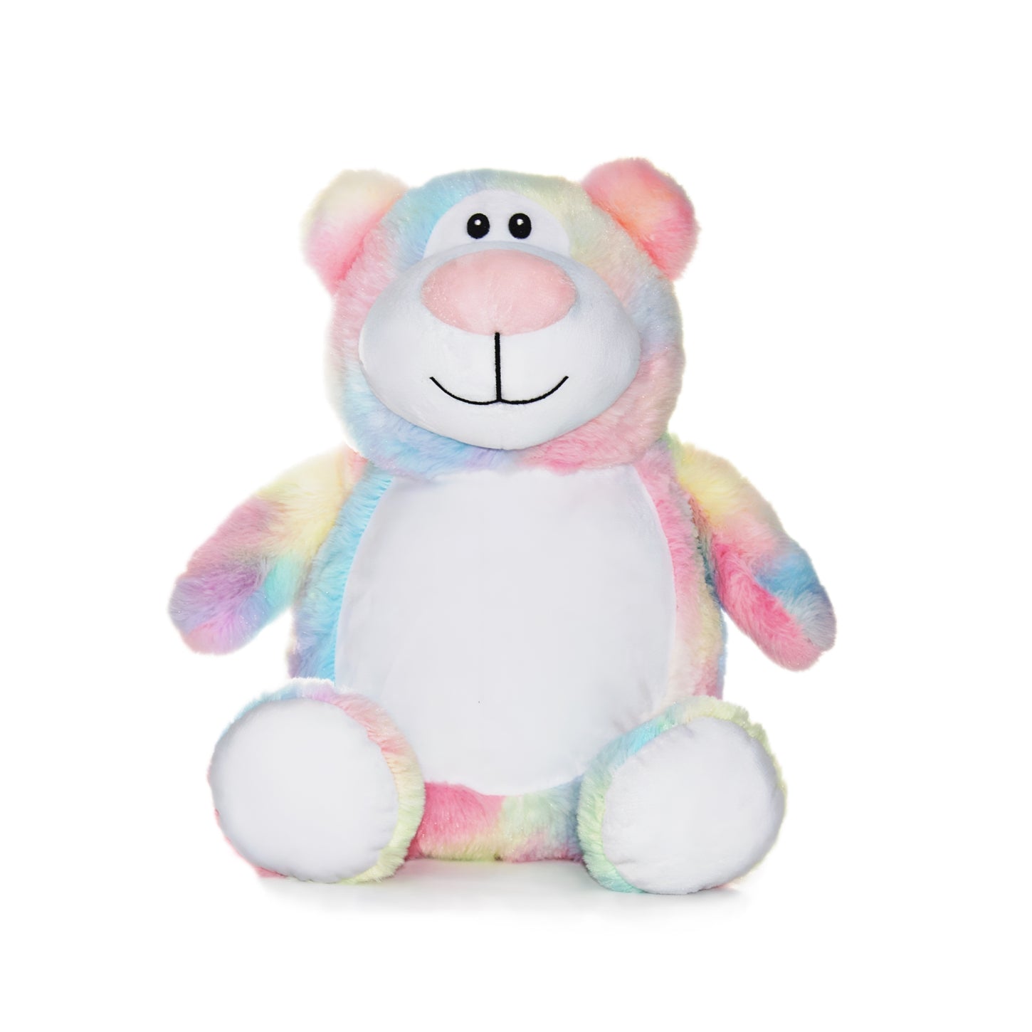 Front facing image of a soft toy teddy bear in pastel rainbow colours, super soft fur with a button nose and cute stitched smile.