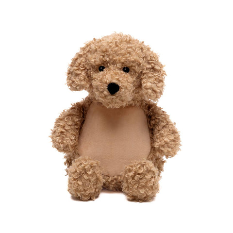Stuffed toy dog with curly fur on a white background