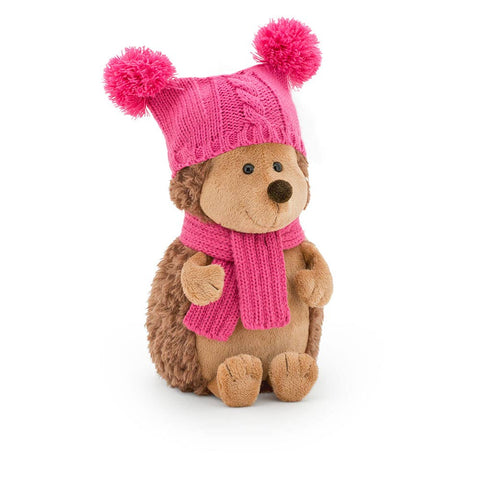 cute hedgehog soft toy wearing a double pom pom and matching scarf, perfect for gifting.