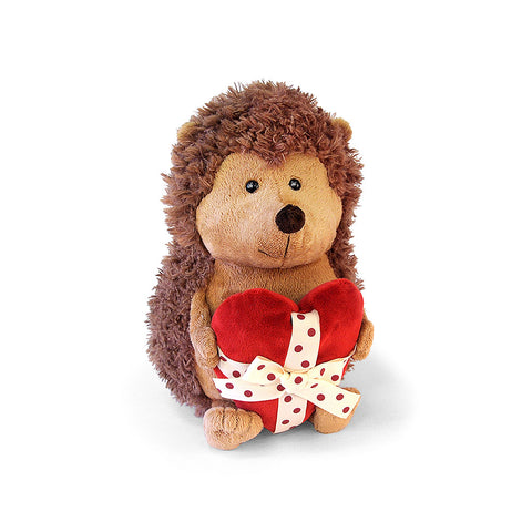 cute brown hedgehog holding a plush red love heart wrapped in a bow, perfect for gifting.