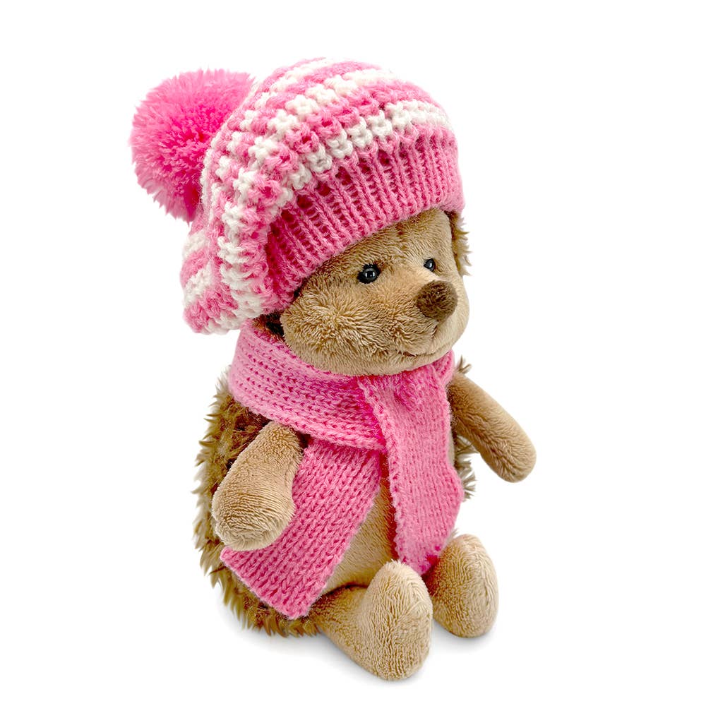 cute hedgehog soft toy wearing a pink beret and scarf, plush gift for kids.