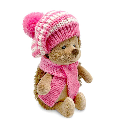 cute hedgehog soft toy wearing a pink beret and scarf, plush gift for kids.