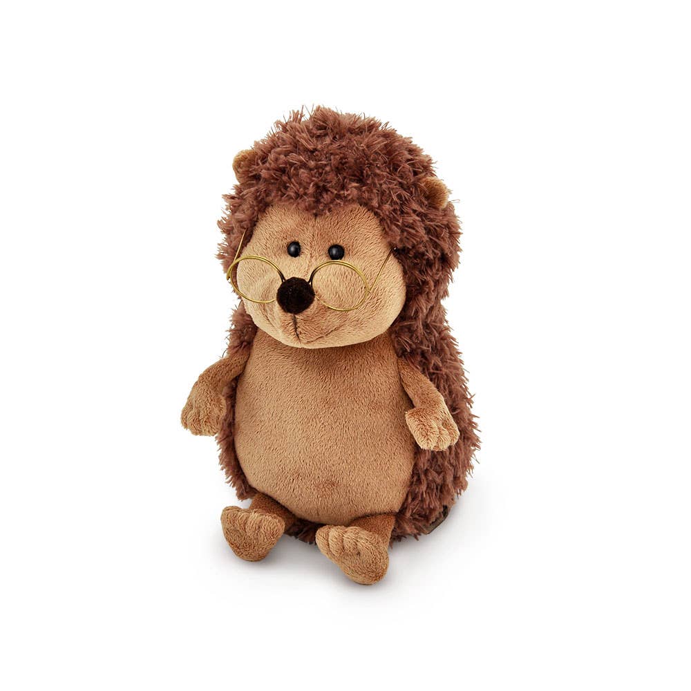 Hedgehog soft toy wearing round glasses, soft plush toy suitable for adults and children.